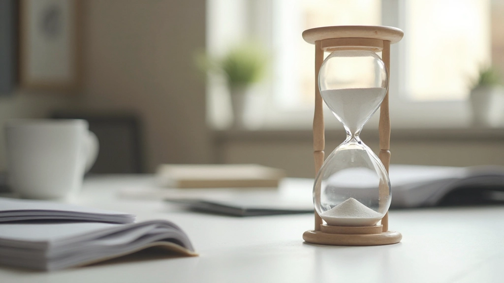 Reloj de arena en escritorio minimalista con espacios de trabajo organizados