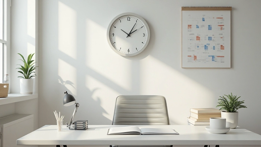 Escritorio moderno y organizado con reloj de pared y calendario abierto