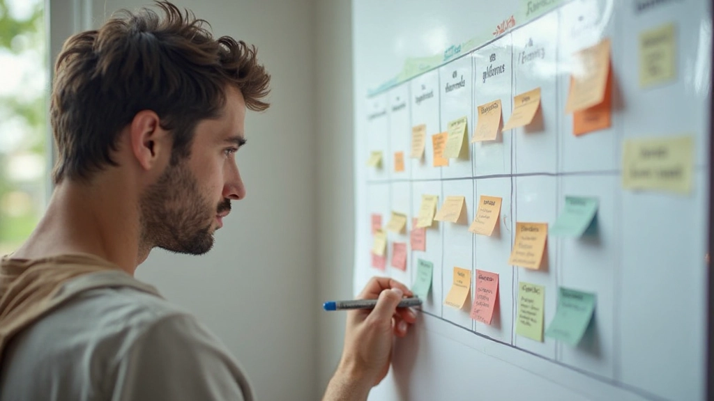 Calendario de pared con bloques de tiempo marcados en diferentes colores para tareas distintas durante la semana