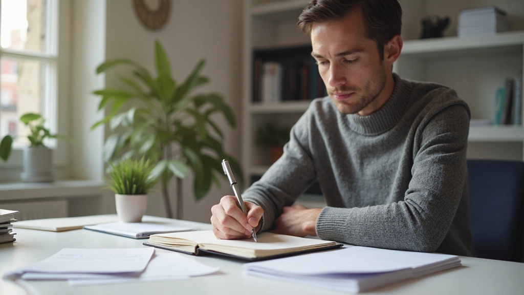 Persona escribiendo lista de tareas en cuaderno sobre escritorio limpio