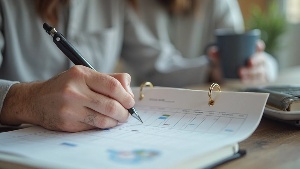 Planificador diario con bloques de tiempo marcados y taza de café en escritorio