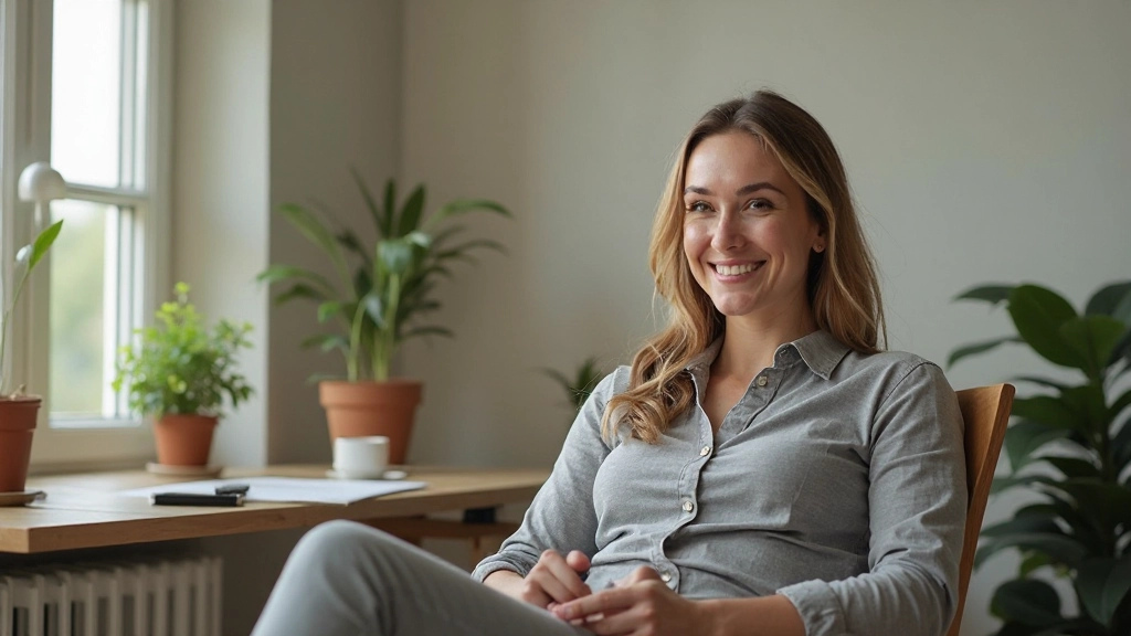 Persona de 35 años de pecho para arriba, expresión relajada tomando descanso