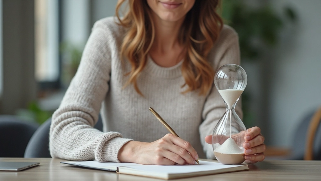 Persona trabajando en escritorio limpio con reloj de arena y libreta de notas