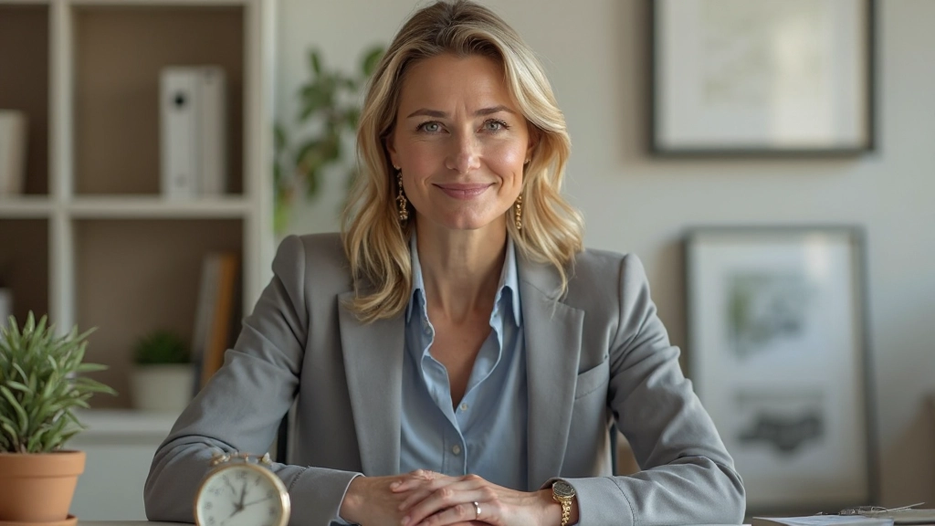 Reloj analógico en escritorio minimalista con bloques de tiempo divididos claramente en el fondo de la imagen